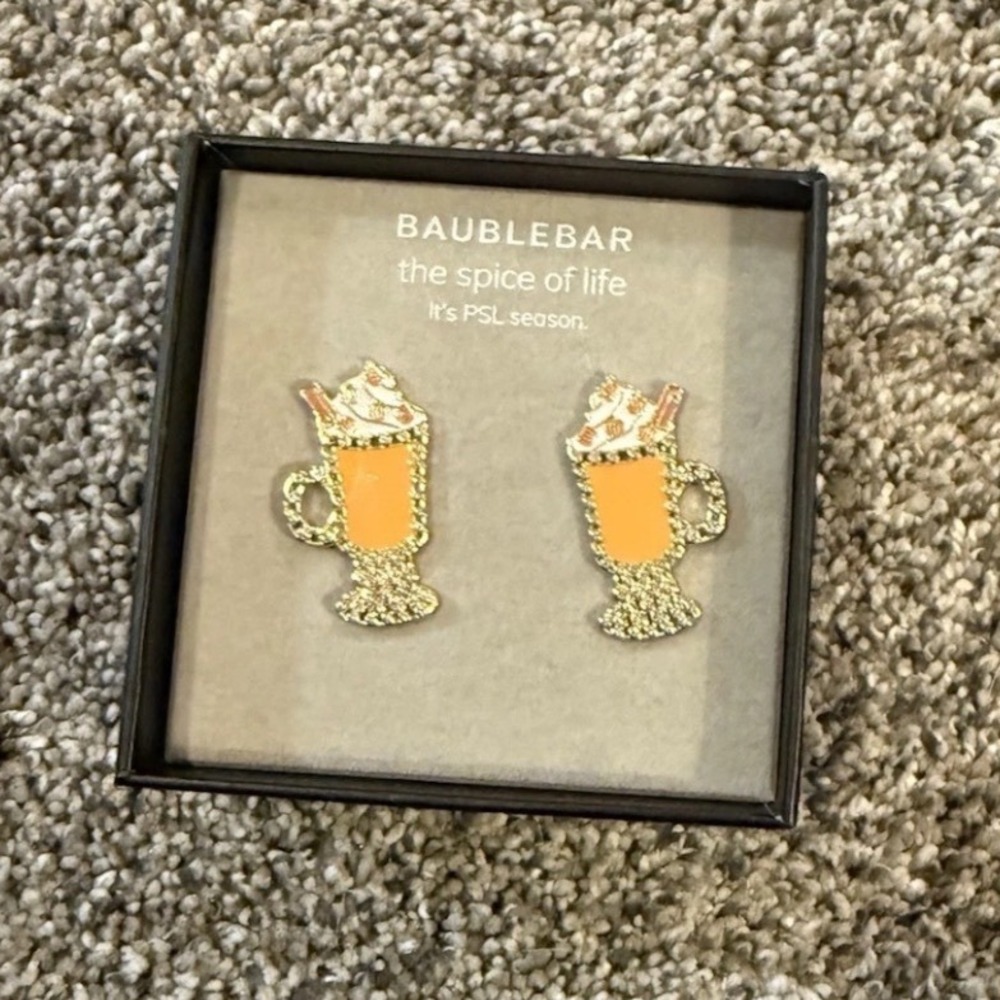 BaubleBar Pumpkin Spice Latte PSL Coffee Mug Earrings Gold Tone Orange Enamel